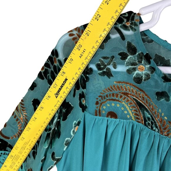 Umgee Womens L Boho Floral Velvet Burn Out Shift Dress Embroidered Bell Sleeve - Picture 13 of 16